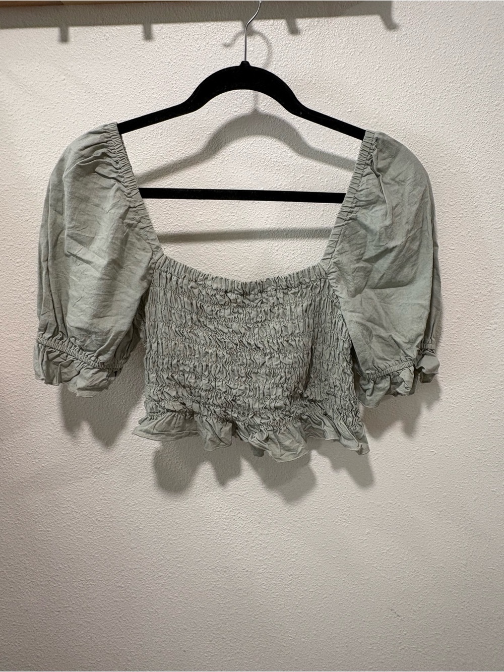 Altard State Smocked Square-Neck Puff Sleeve Crop Top - Sage Green - Picture 1 of 5